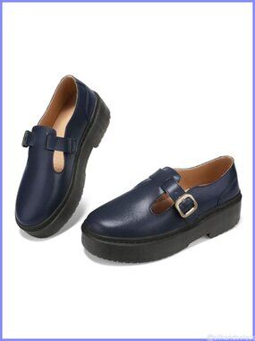 Women's Mary Jane Flats Chunky Heel Adjustable Strap Comfort Work Shoes